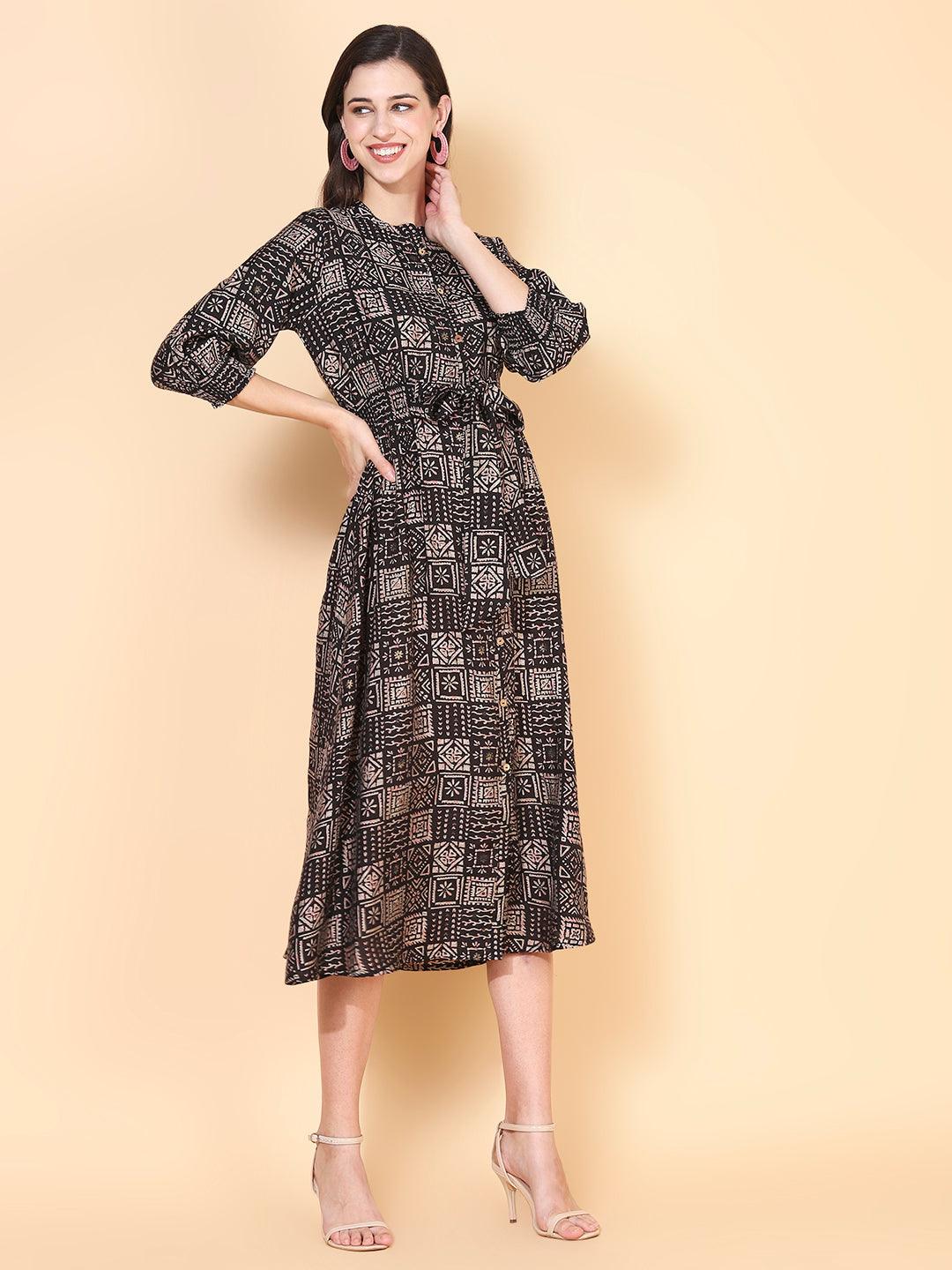 Ethnic Tribal Printed Fit & Flare Midi Dress - Black - Indiakreations