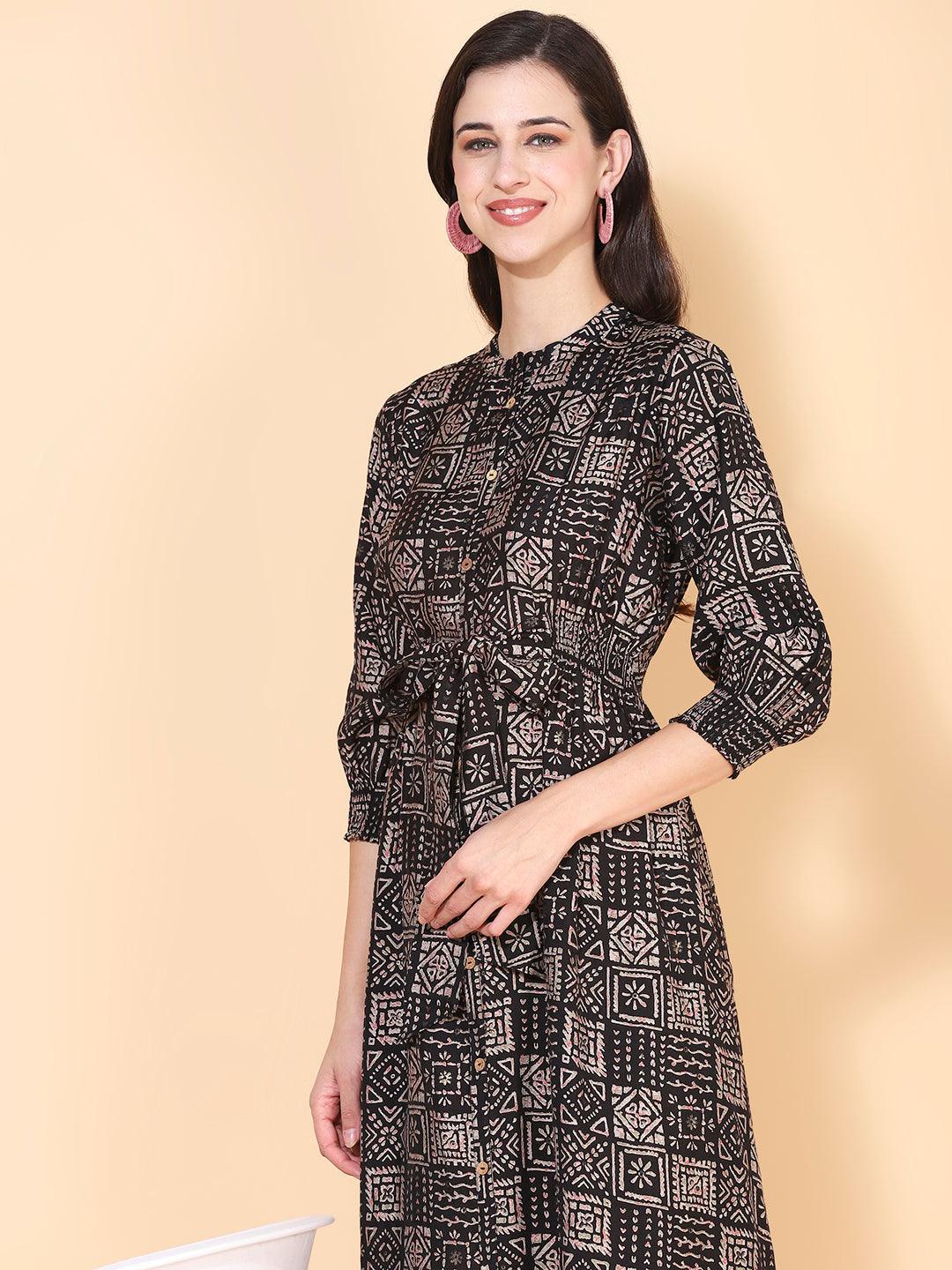 Ethnic Tribal Printed Fit & Flare Midi Dress - Black - Indiakreations