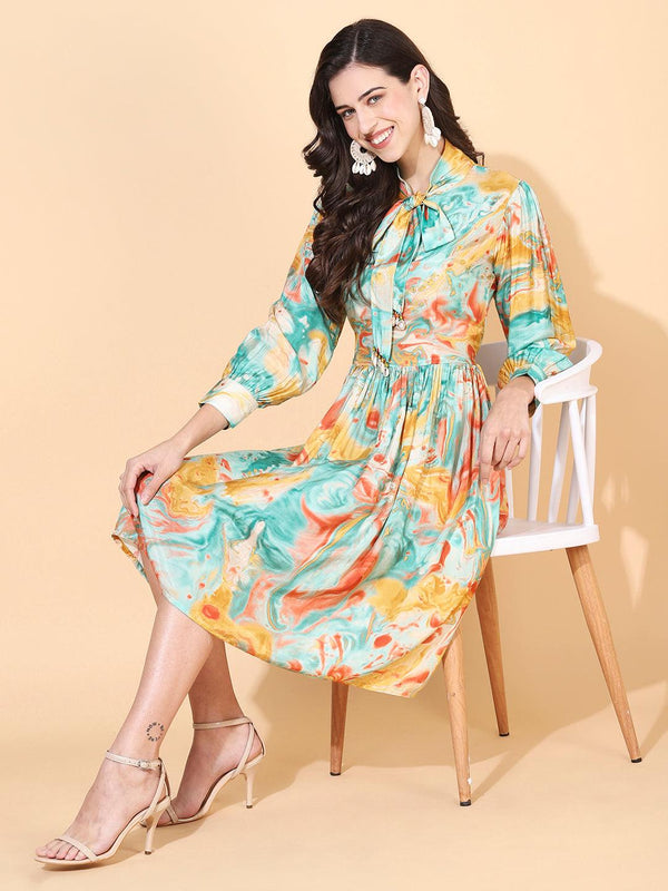 Abstract Printed Fit & Flare Midi Dress - Multi - Indiakreations