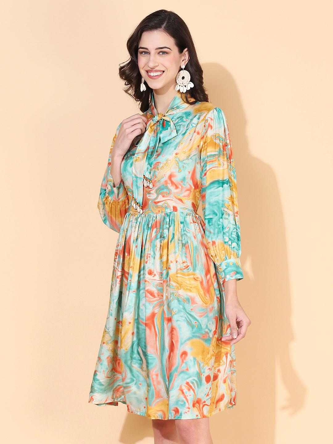 Abstract Printed Fit & Flare Midi Dress - Multi - Indiakreations