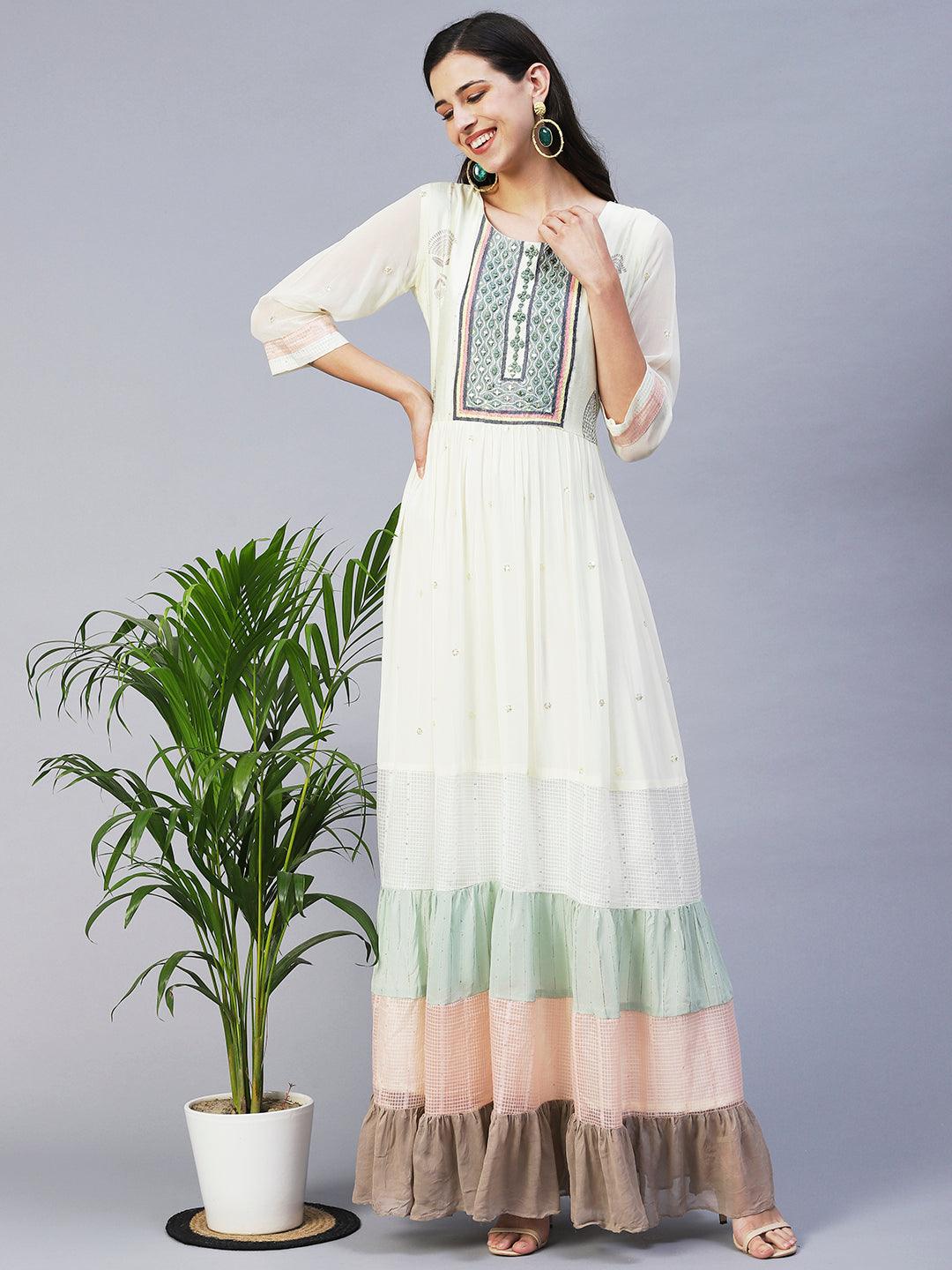 Ethnic Printed & Embroidered Tiered Flared Maxi Dress - Cream - Indiakreations