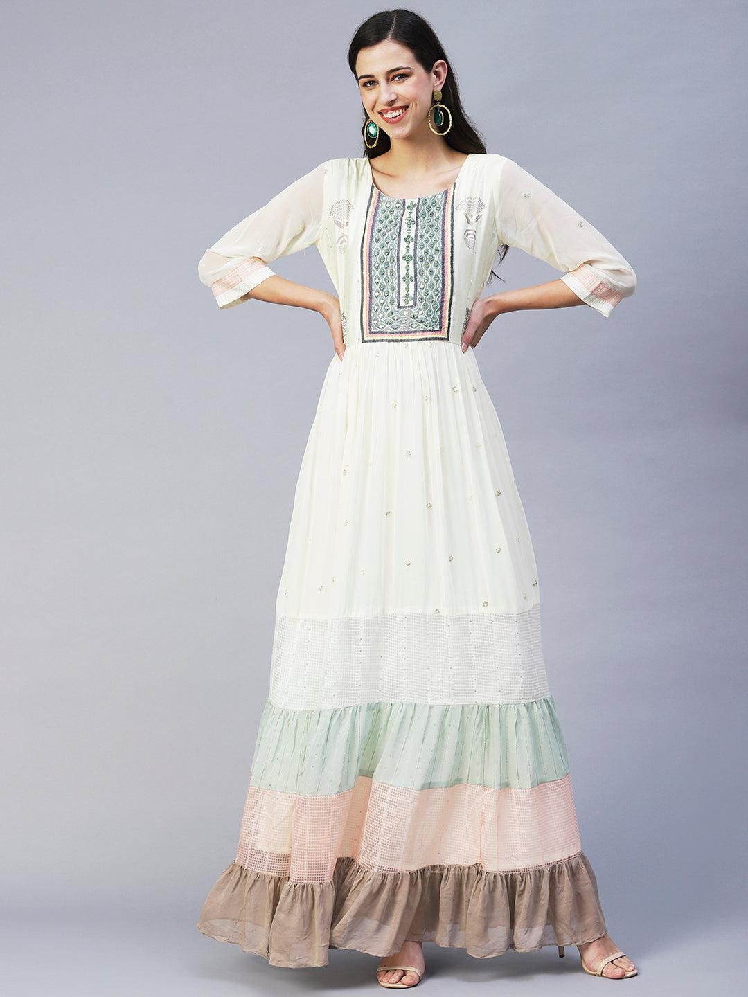 Ethnic Printed & Embroidered Tiered Flared Maxi Dress - Cream - Indiakreations