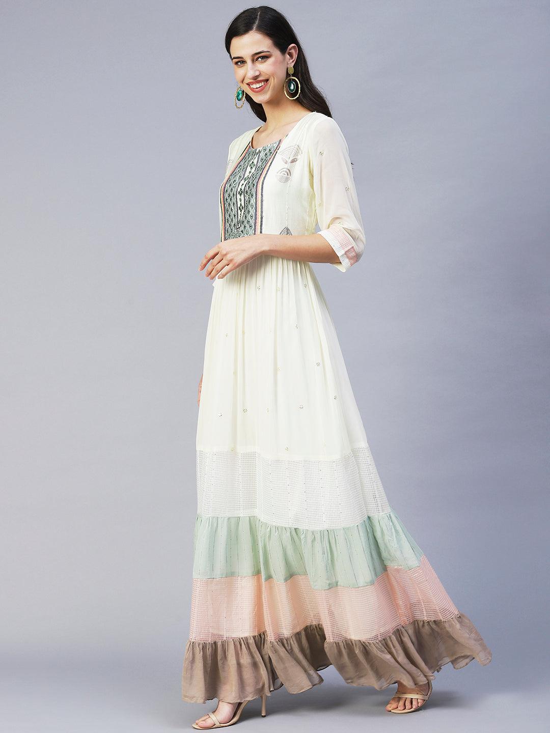 Ethnic Printed & Embroidered Tiered Flared Maxi Dress - Cream - Indiakreations