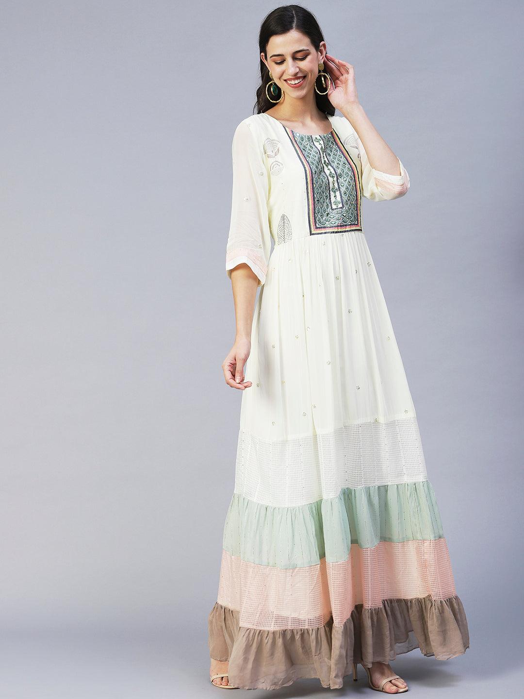 Ethnic Printed & Embroidered Tiered Flared Maxi Dress - Cream - Indiakreations