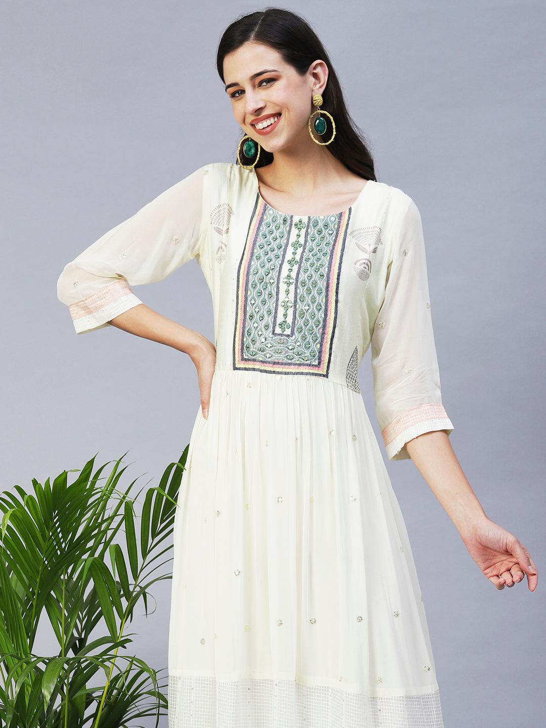 Ethnic Printed & Embroidered Tiered Flared Maxi Dress - Cream - Indiakreations