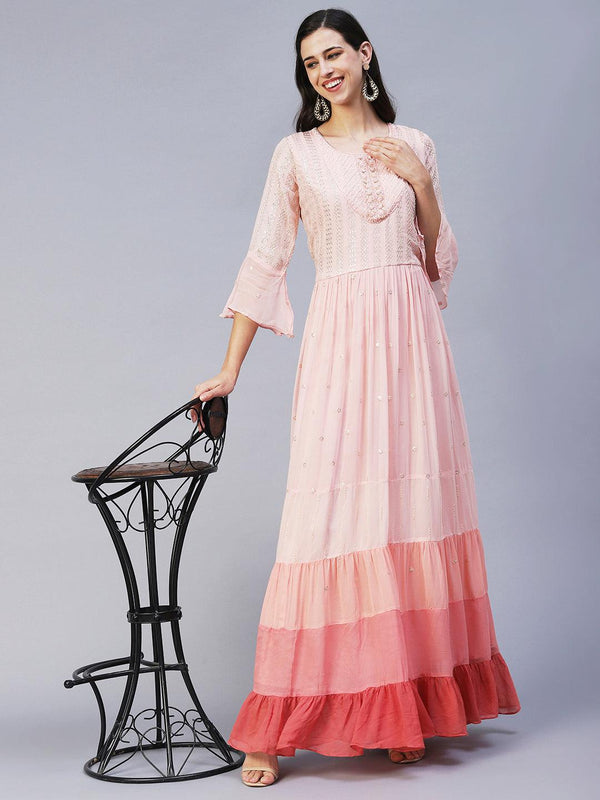 Ethnic Hand Embroidered Tiered Flared Maxi Dress - Pink - Indiakreations