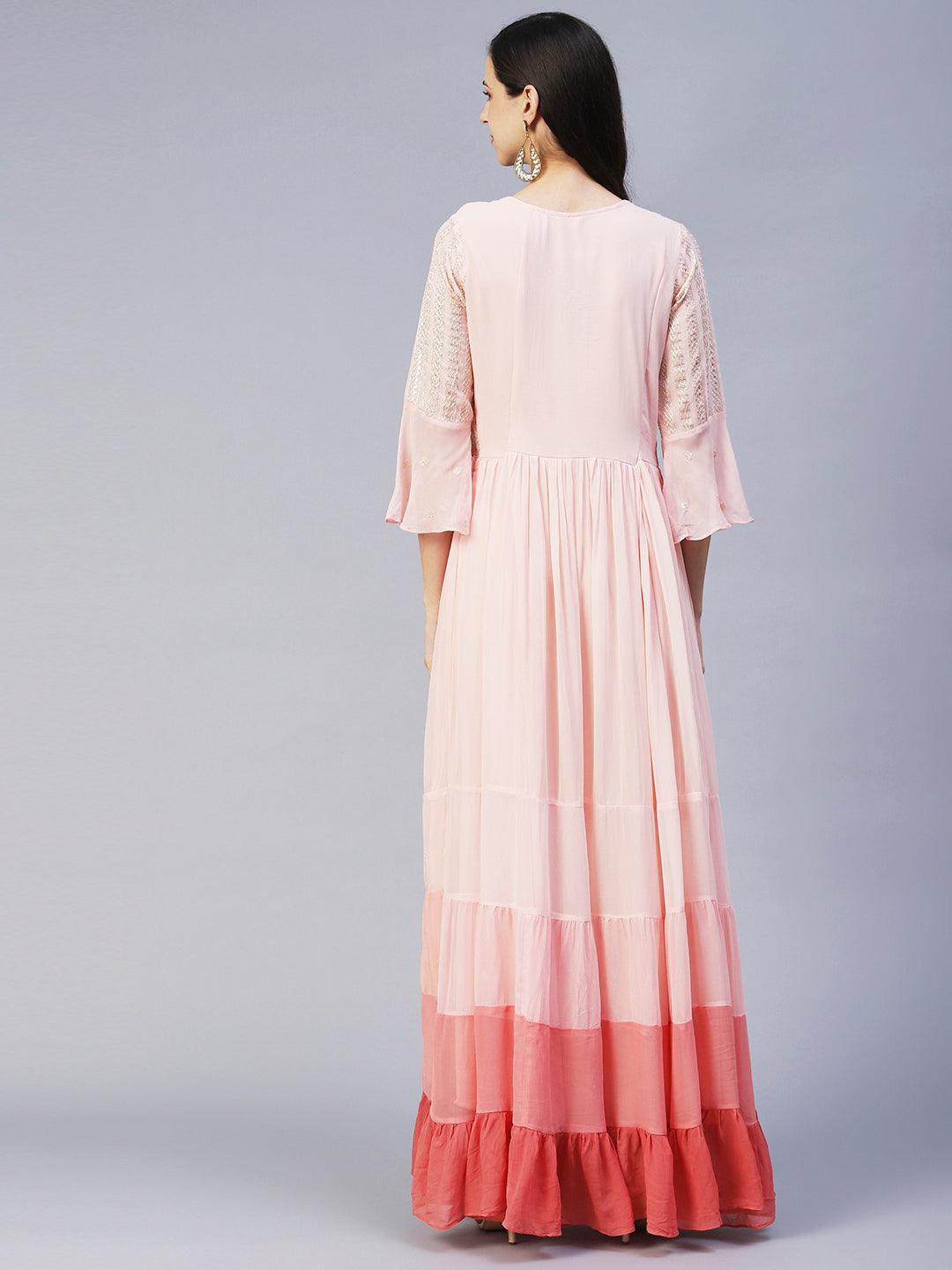 Ethnic Hand Embroidered Tiered Flared Maxi Dress - Pink - Indiakreations