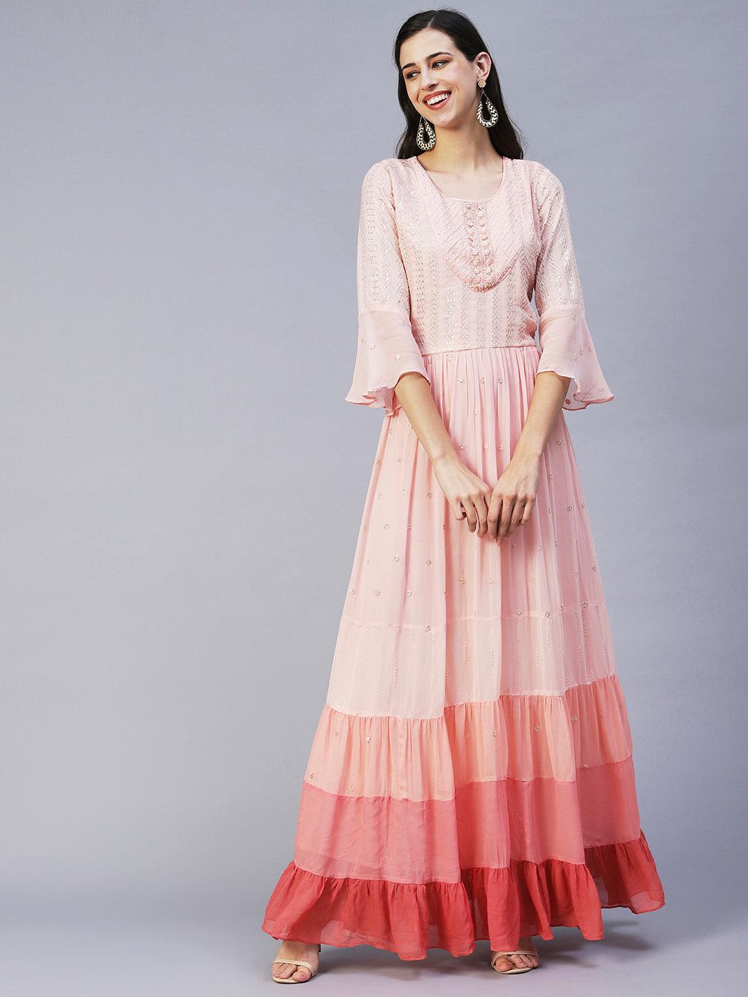 Ethnic Hand Embroidered Tiered Flared Maxi Dress - Pink - Indiakreations