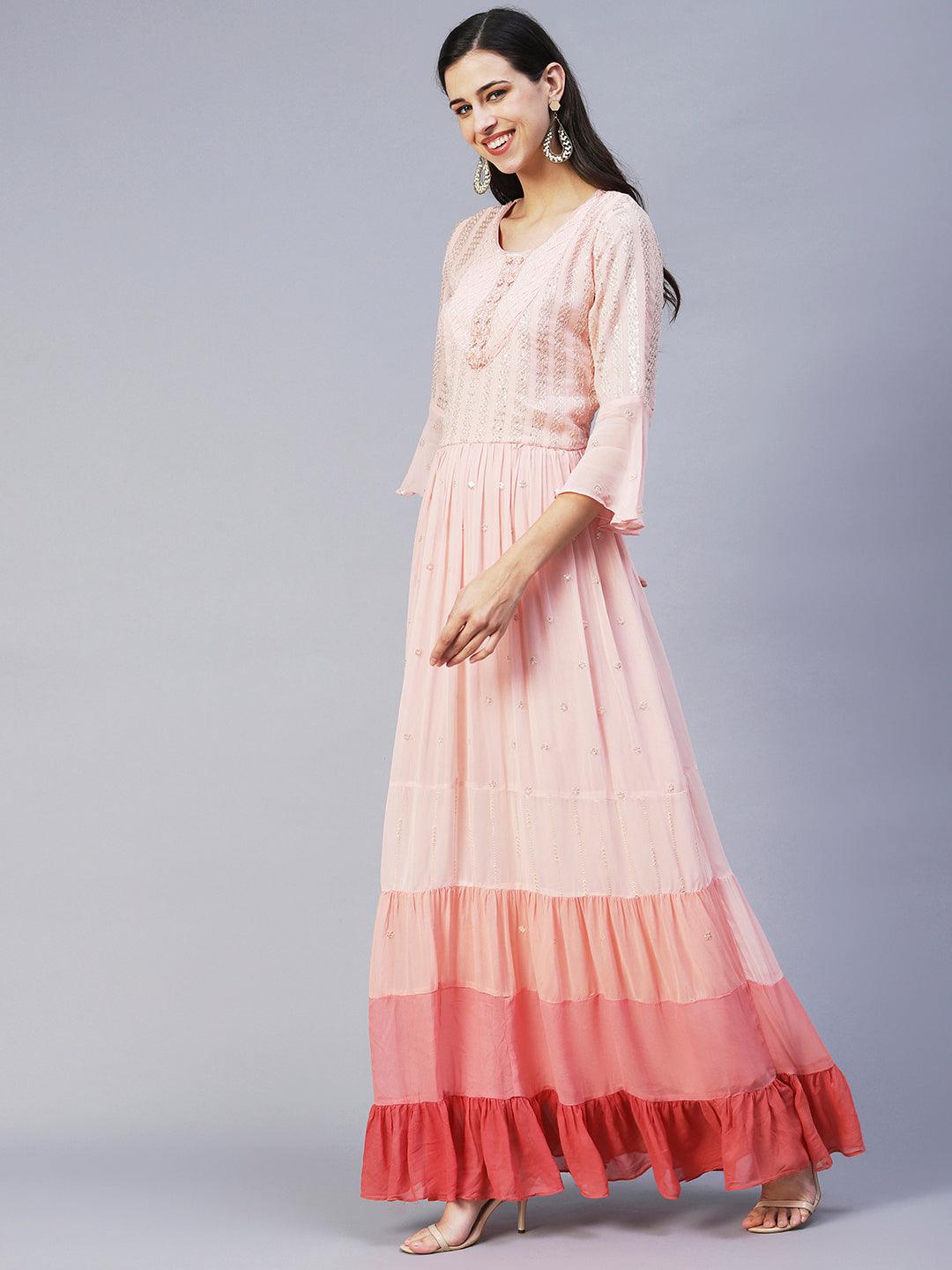 Ethnic Hand Embroidered Tiered Flared Maxi Dress - Pink - Indiakreations