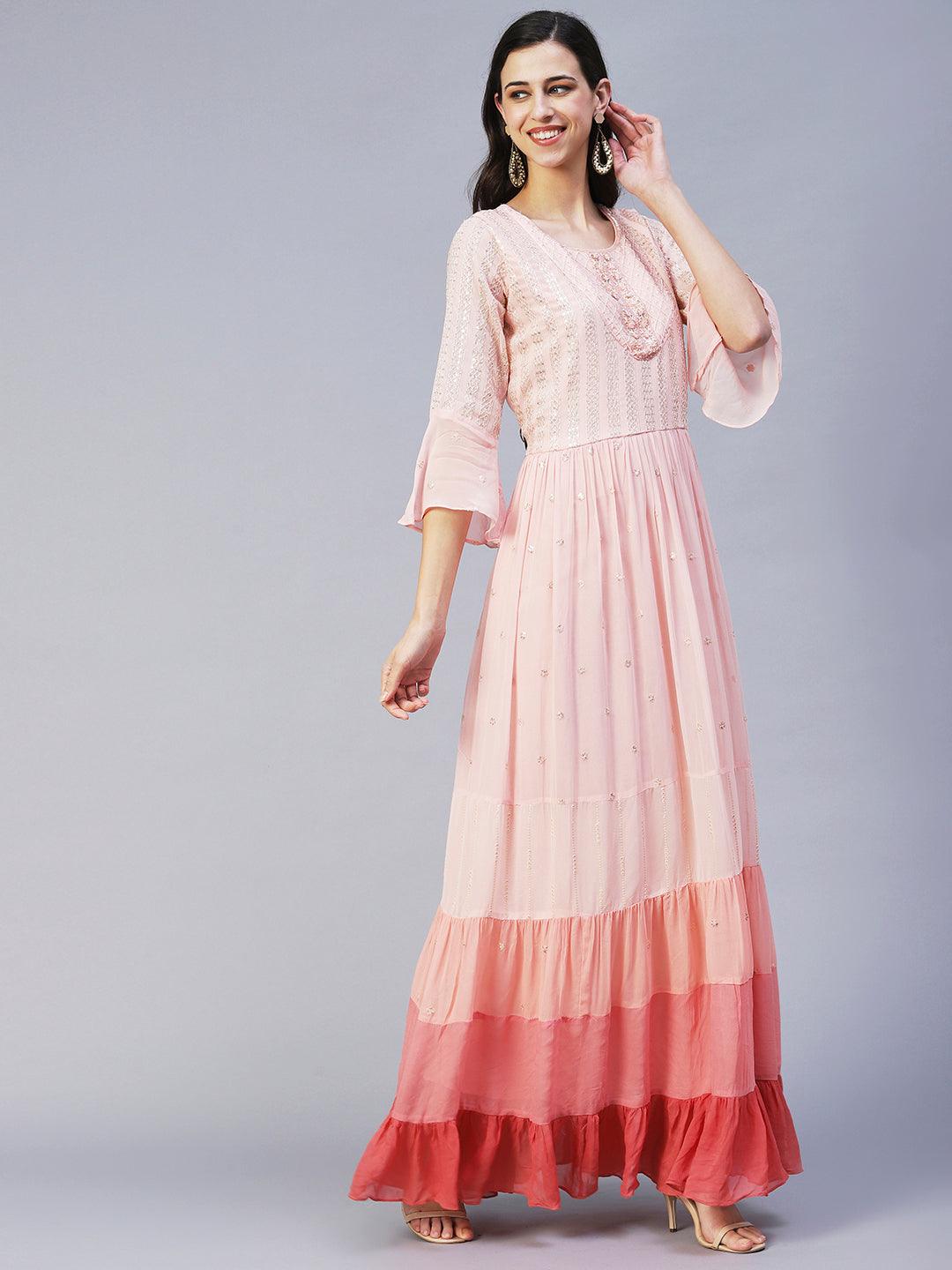 Ethnic Hand Embroidered Tiered Flared Maxi Dress - Pink - Indiakreations