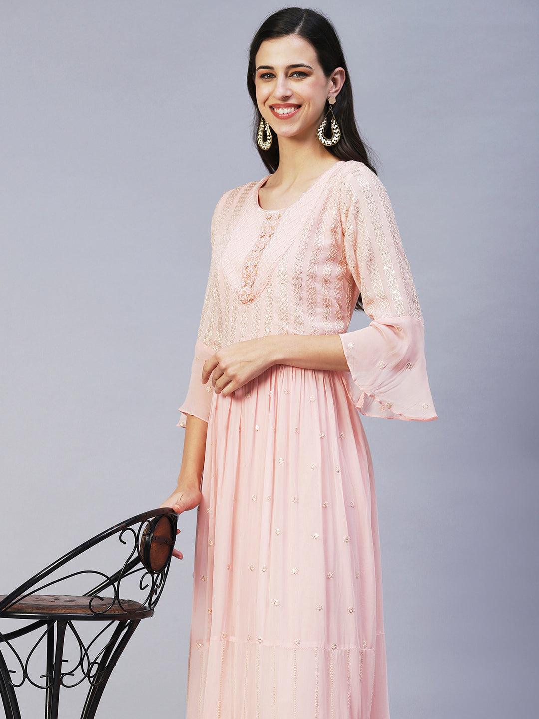 Ethnic Hand Embroidered Tiered Flared Maxi Dress - Pink - Indiakreations