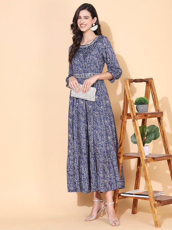 Floral Printed & Hand Embroidered Tiered Flared Maxi Dress - Blue - Indiakreations