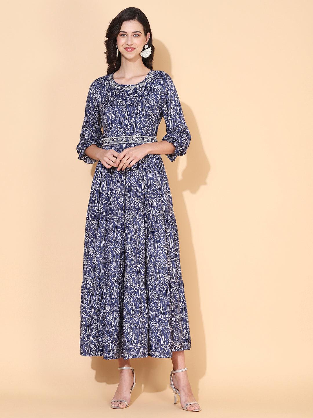 Floral Printed & Hand Embroidered Tiered Flared Maxi Dress - Blue - Indiakreations