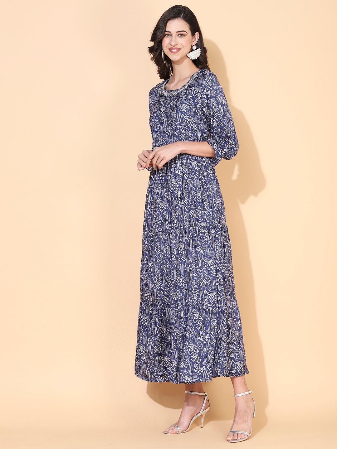 Floral Printed & Hand Embroidered Tiered Flared Maxi Dress - Blue - Indiakreations