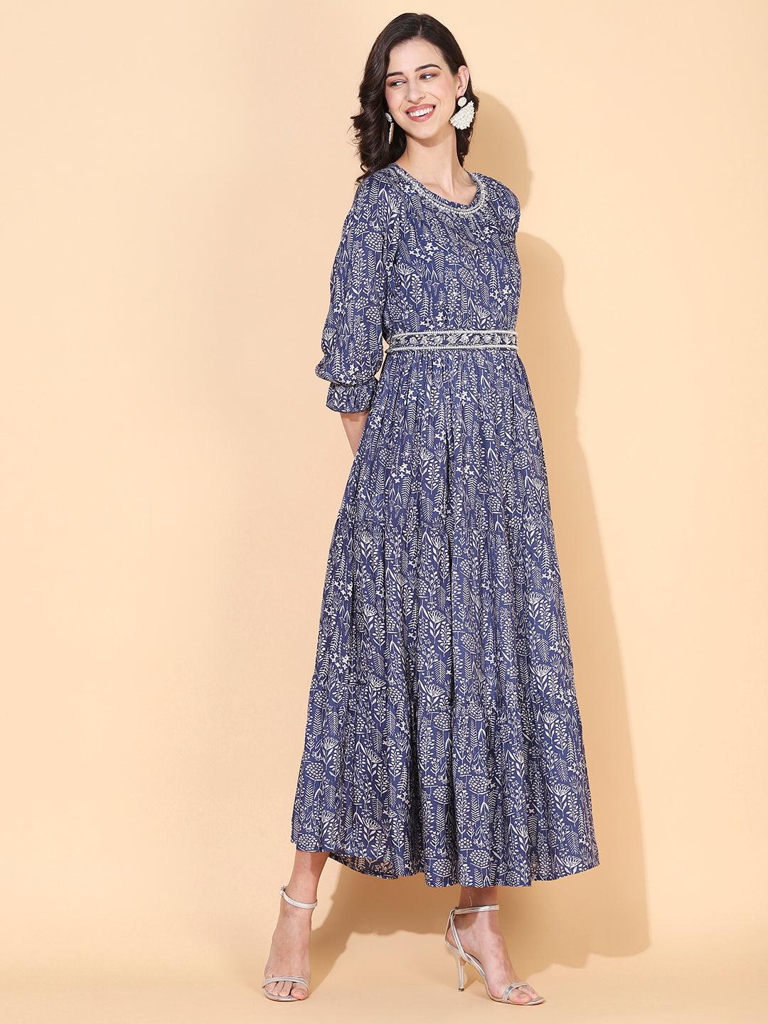 Floral Printed & Hand Embroidered Tiered Flared Maxi Dress - Blue - Indiakreations