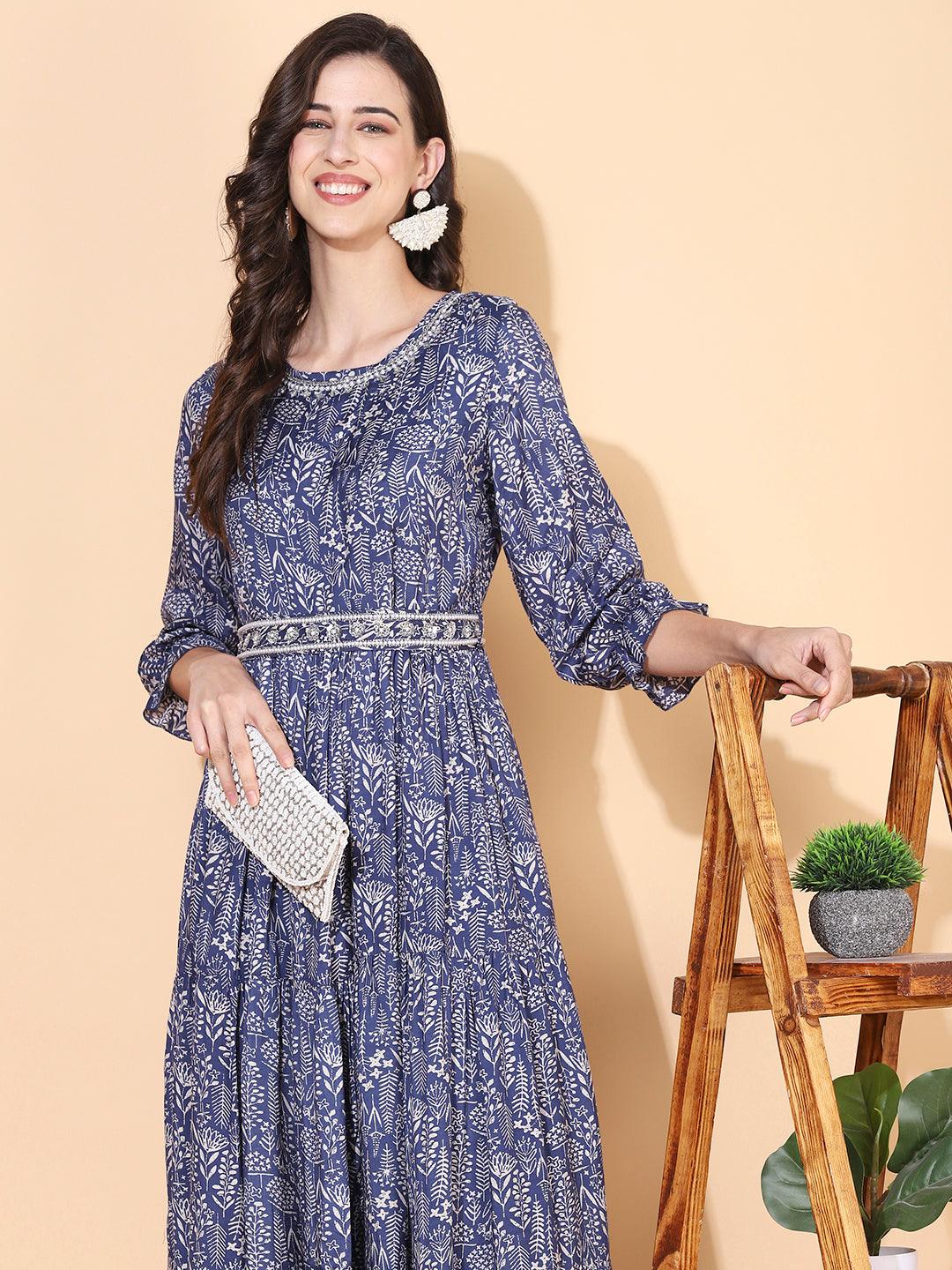 Floral Printed & Hand Embroidered Tiered Flared Maxi Dress - Blue - Indiakreations