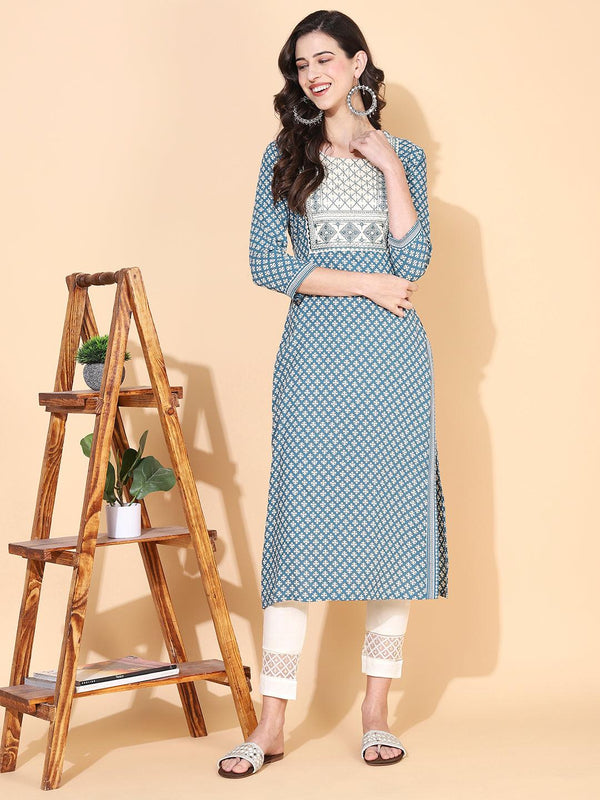 Ethnic Printed & Embroidered Straight Fit Kurta - Blue - Indiakreations