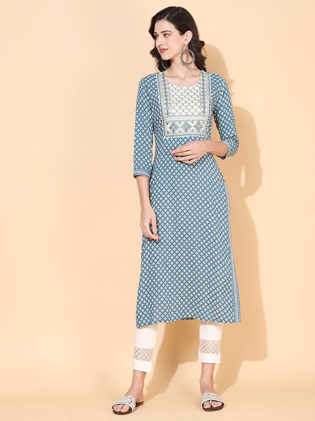 Ethnic Printed & Embroidered Straight Fit Kurta - Blue - Indiakreations