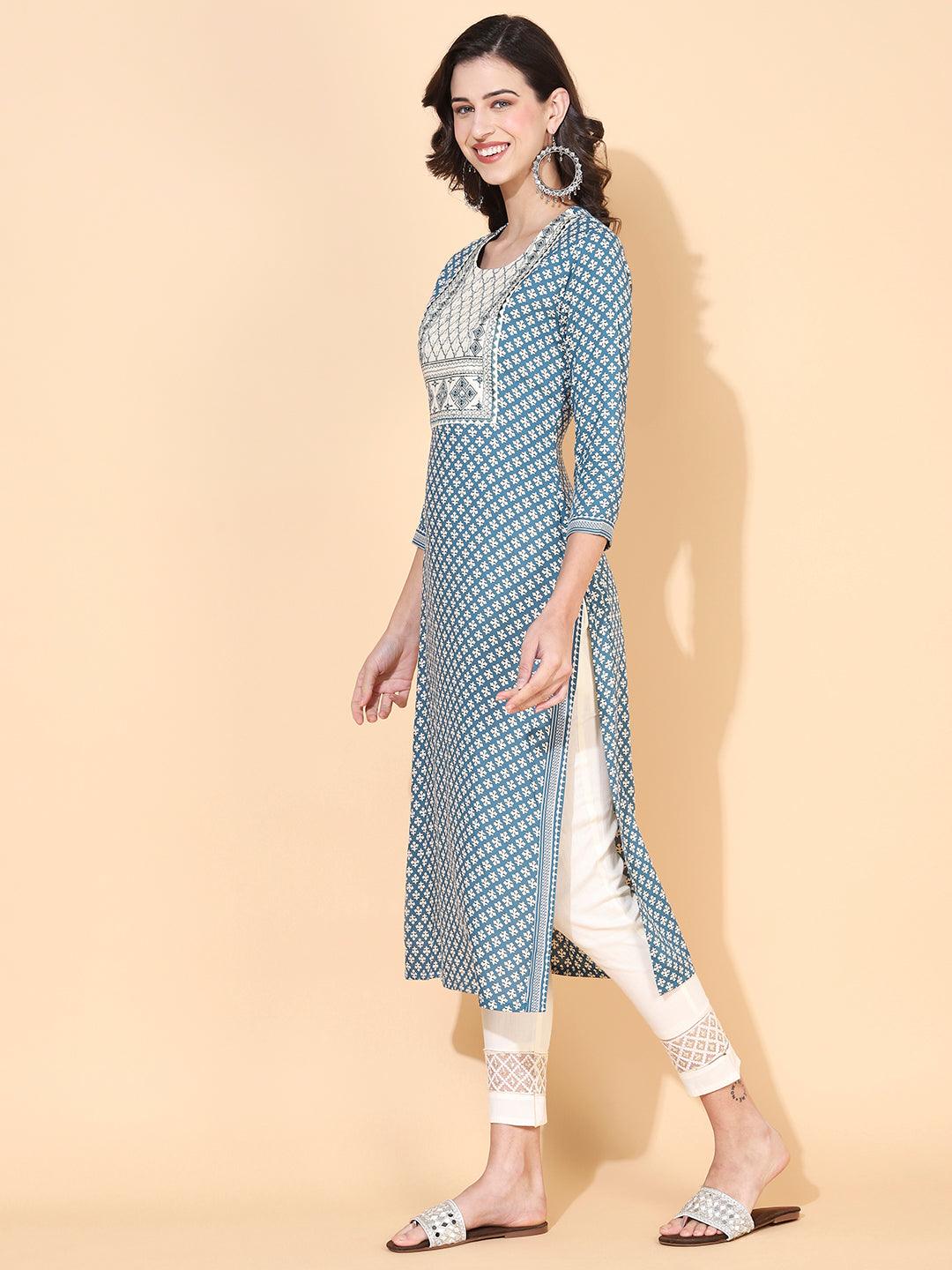 Ethnic Printed & Embroidered Straight Fit Kurta - Blue - Indiakreations