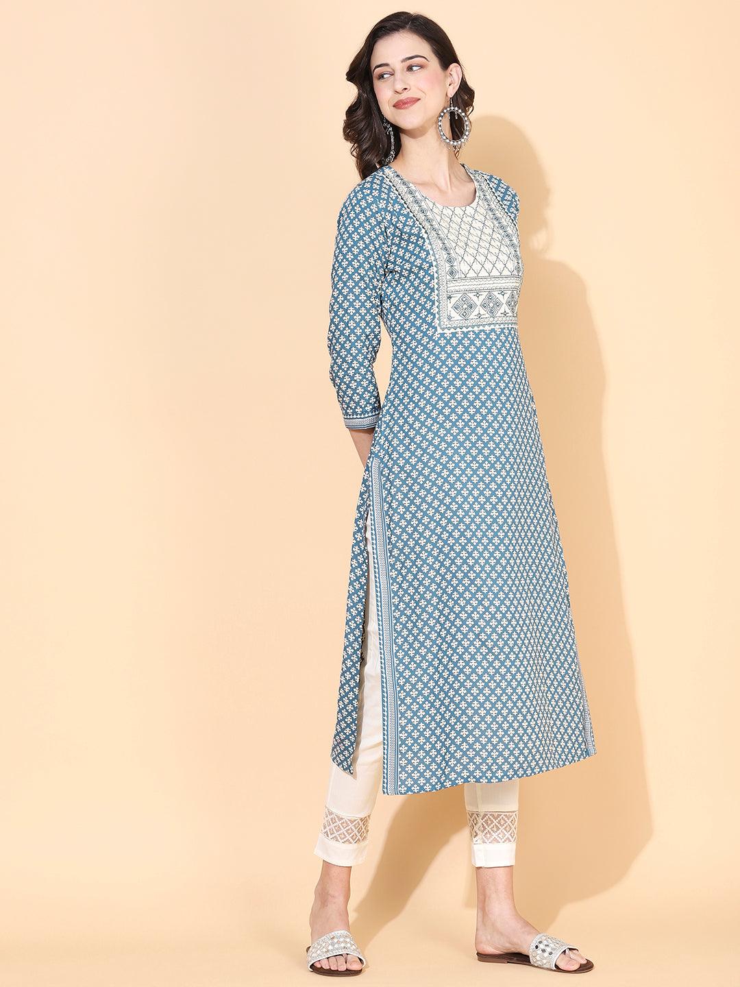 Ethnic Printed & Embroidered Straight Fit Kurta - Blue - Indiakreations