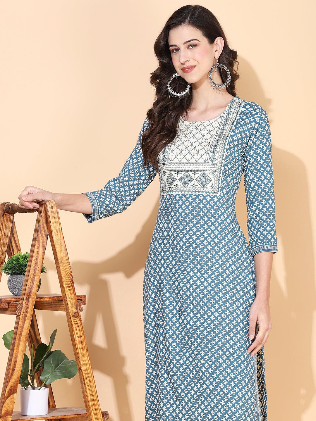 Ethnic Printed & Embroidered Straight Fit Kurta - Blue - Indiakreations