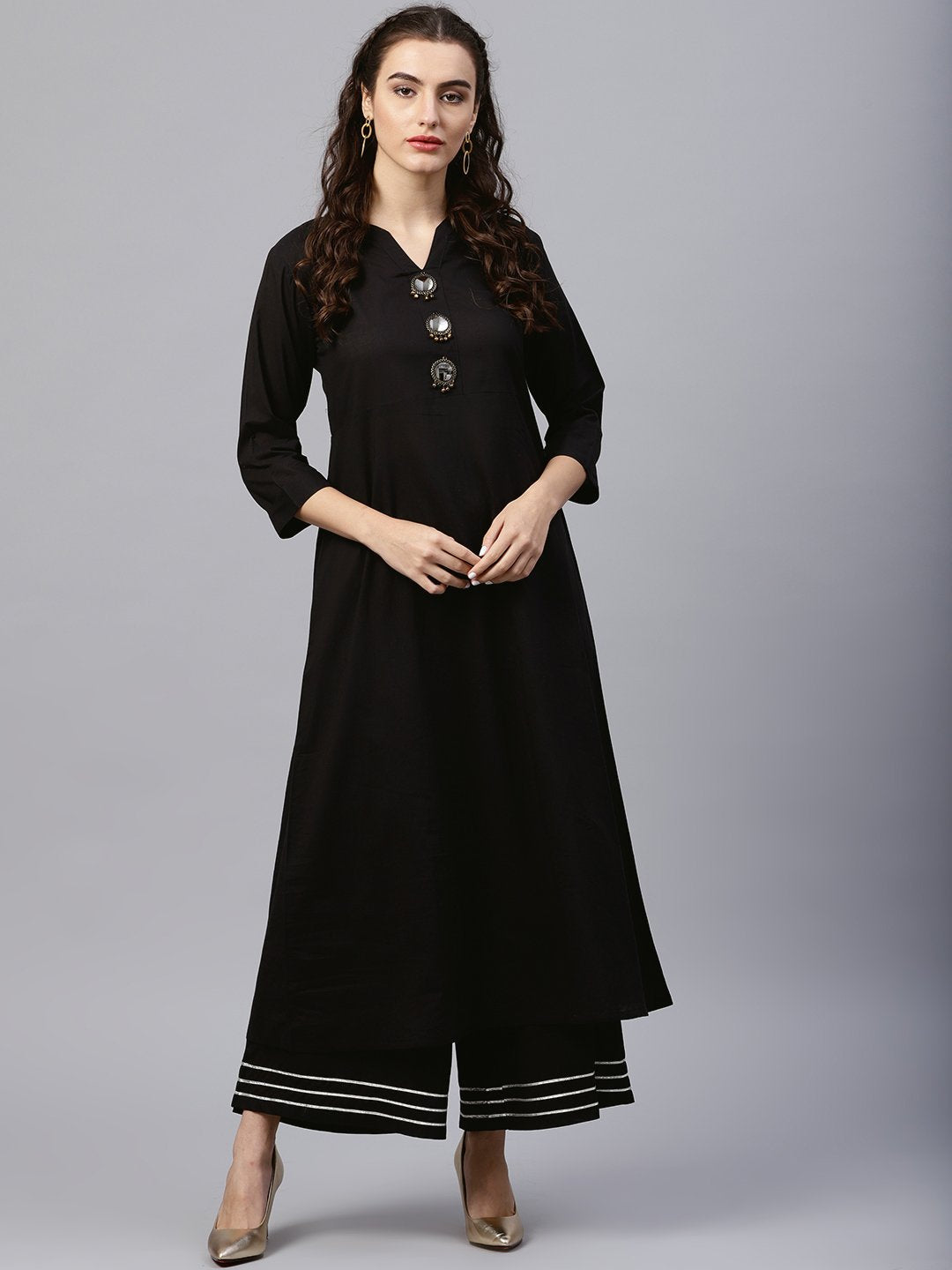 Black round neck kurta with frond emblishment and Palazzo | NOZ2TOZ - Made In INDIA.