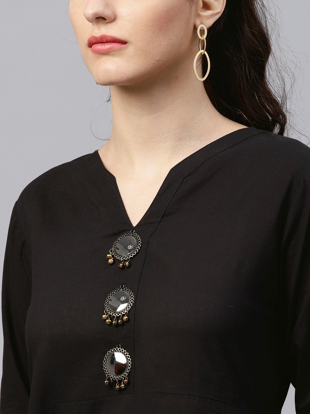 Black round neck kurta with frond emblishment and Palazzo | NOZ2TOZ - Made In INDIA.