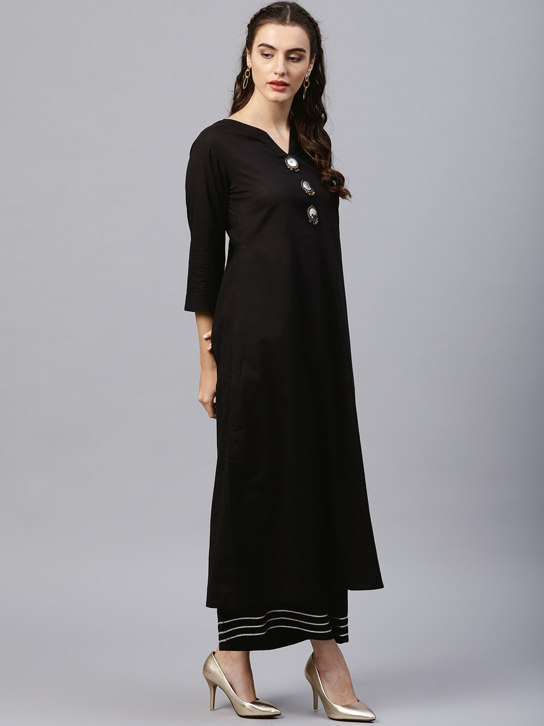 Black round neck kurta with frond emblishment and Palazzo | NOZ2TOZ - Made In INDIA.