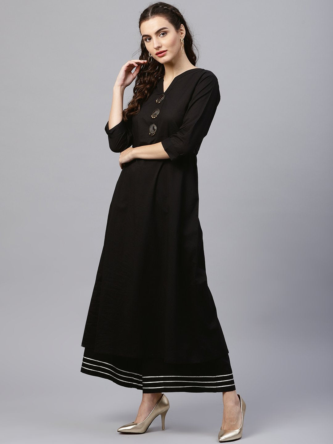 Black round neck kurta with frond emblishment and Palazzo | NOZ2TOZ - Made In INDIA.