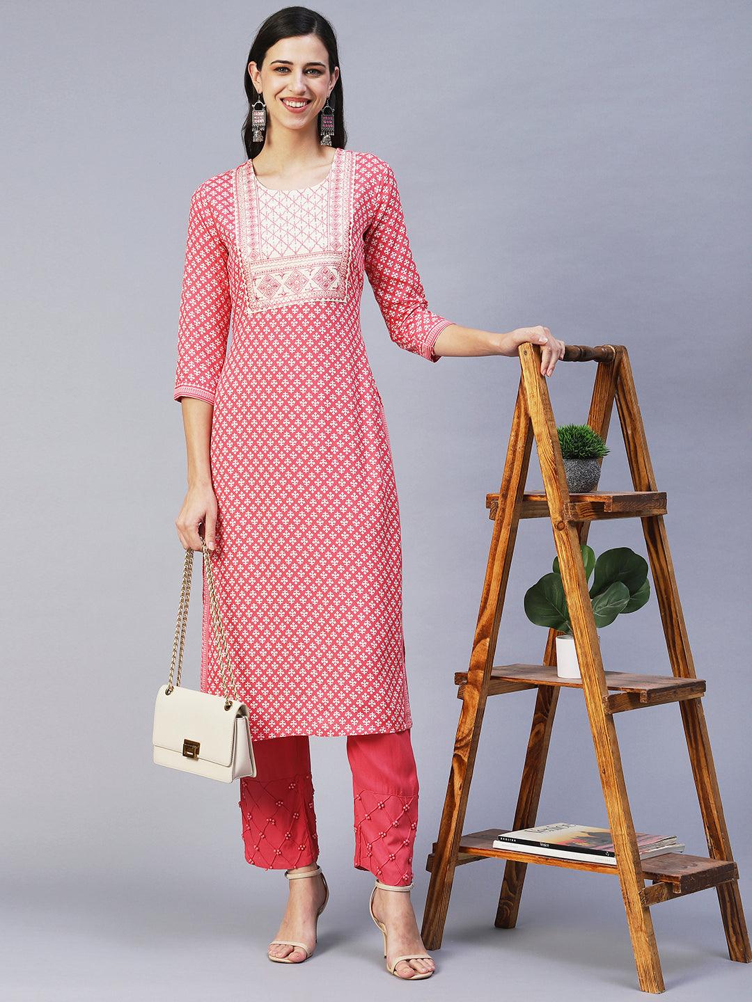 Ethnic Printed & Embroidered Straight Fit Kurta - Pink - Indiakreations