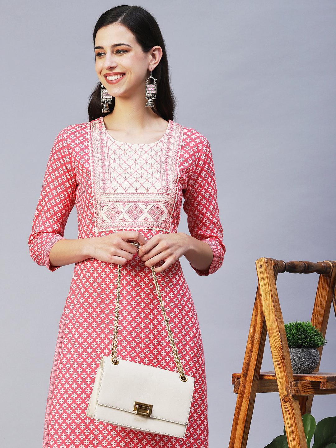 Ethnic Printed & Embroidered Straight Fit Kurta - Pink - Indiakreations