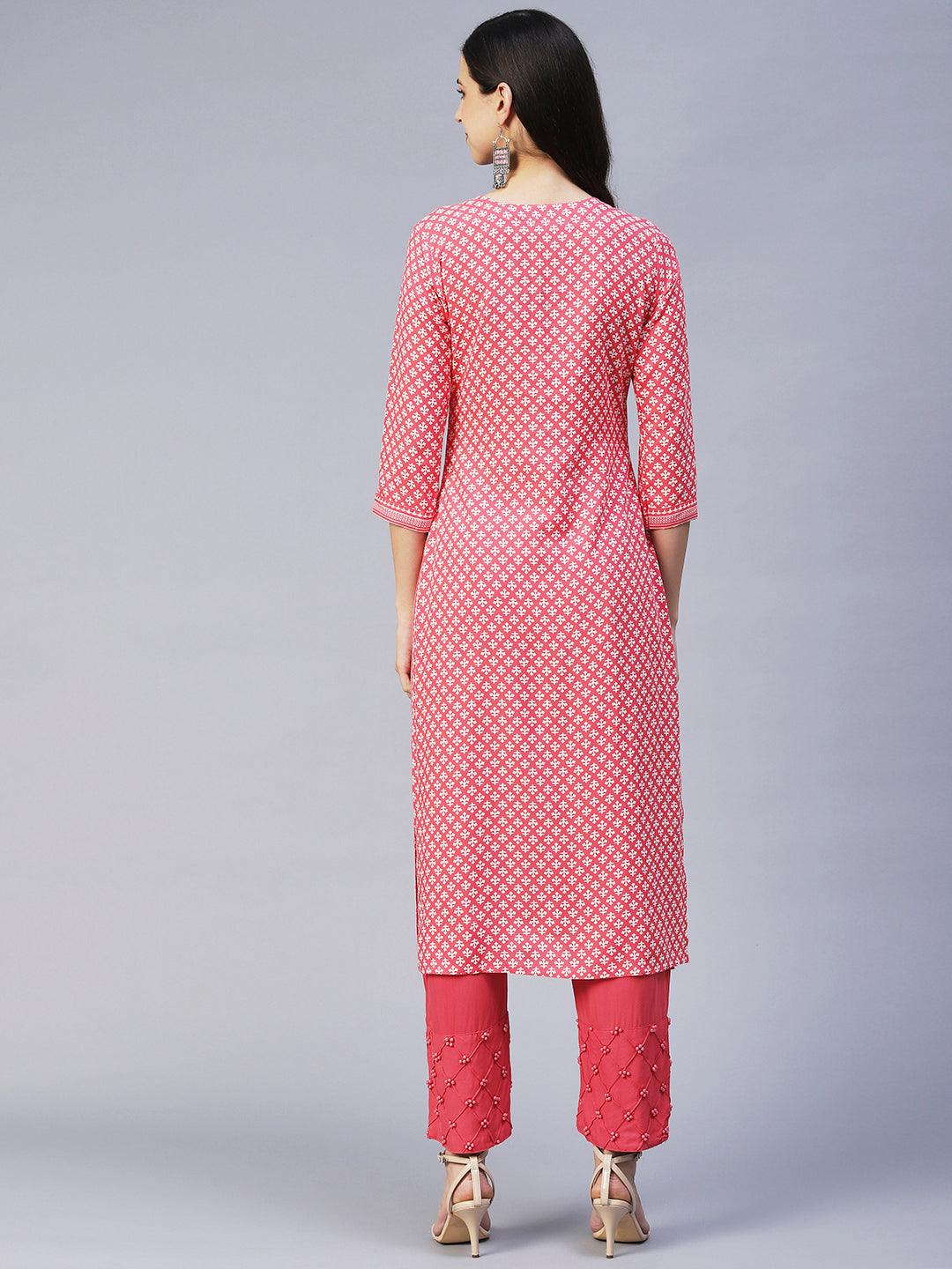 Ethnic Printed & Embroidered Straight Fit Kurta - Pink - Indiakreations