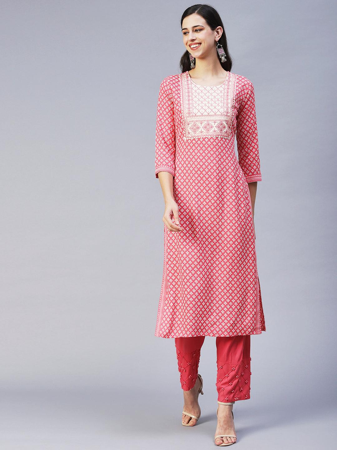 Ethnic Printed & Embroidered Straight Fit Kurta - Pink - Indiakreations