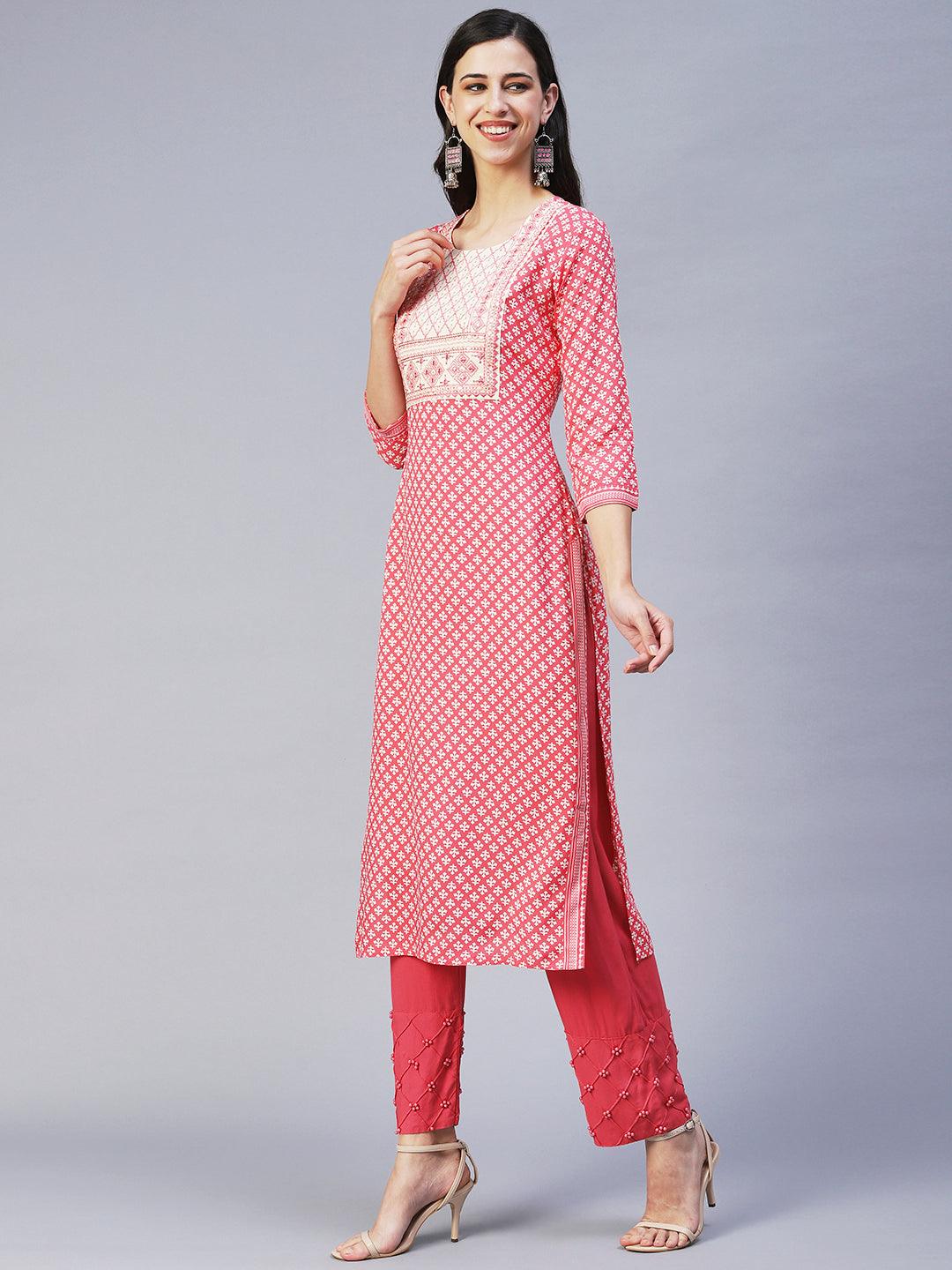 Ethnic Printed & Embroidered Straight Fit Kurta - Pink - Indiakreations