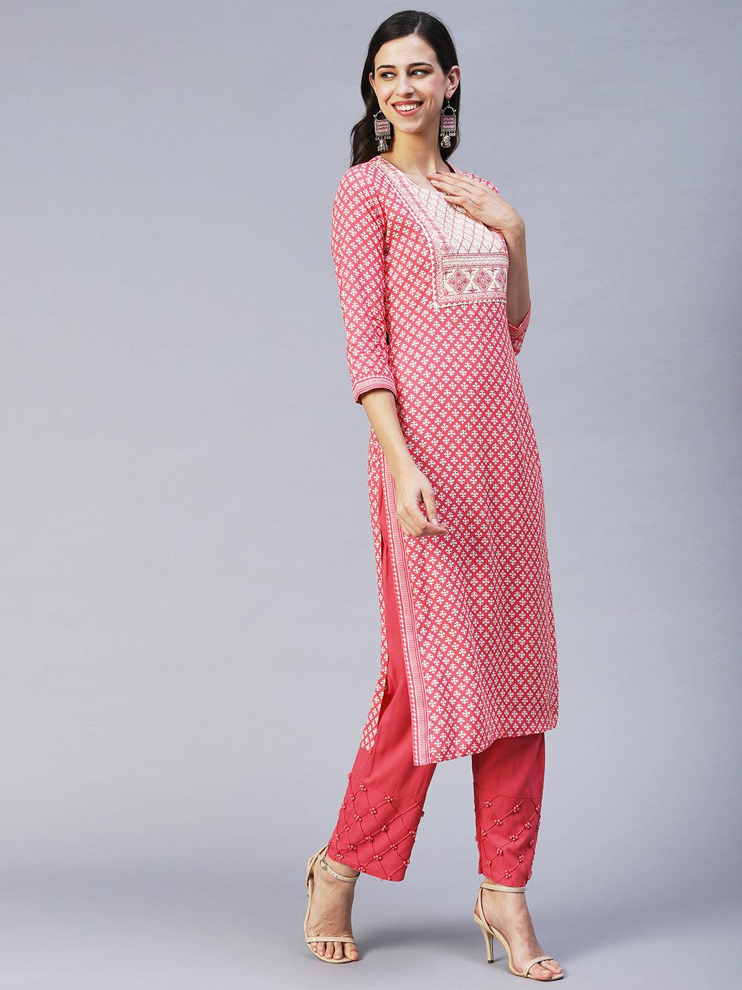 Ethnic Printed & Embroidered Straight Fit Kurta - Pink - Indiakreations