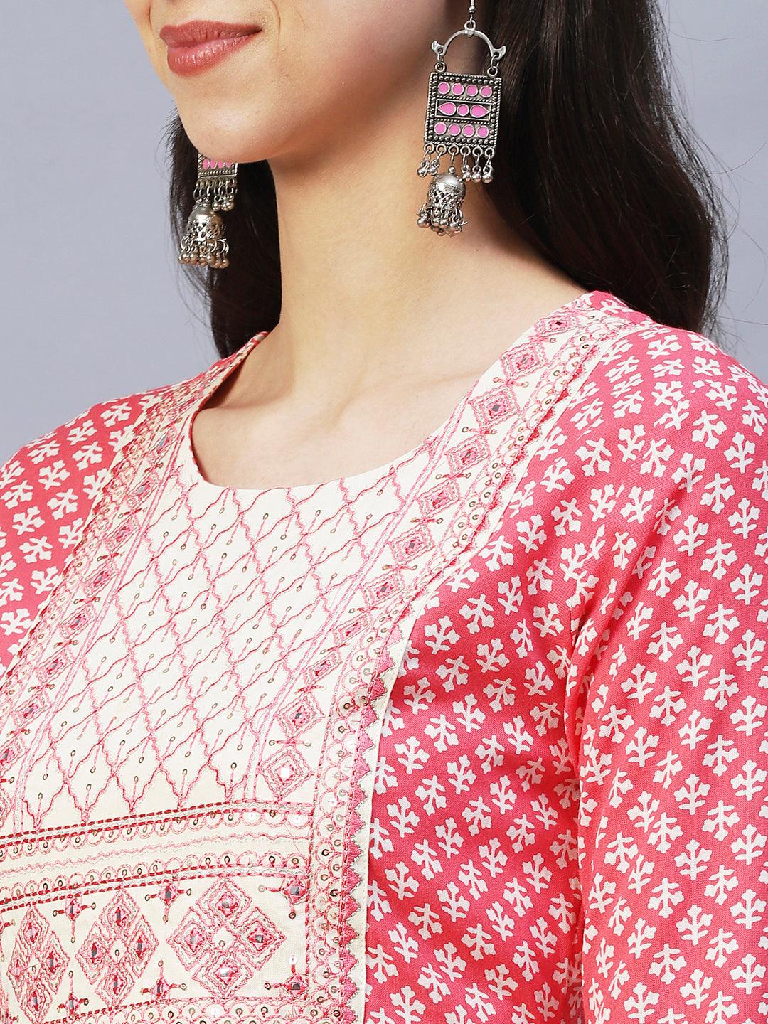 Ethnic Printed & Embroidered Straight Fit Kurta - Pink - Indiakreations