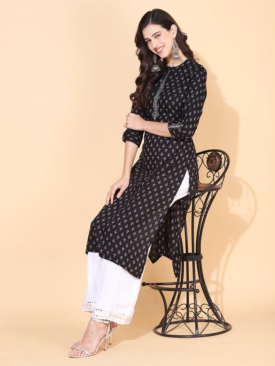 Ethnic Printed & Embroidered Straight Fit Kurta - Black - Indiakreations