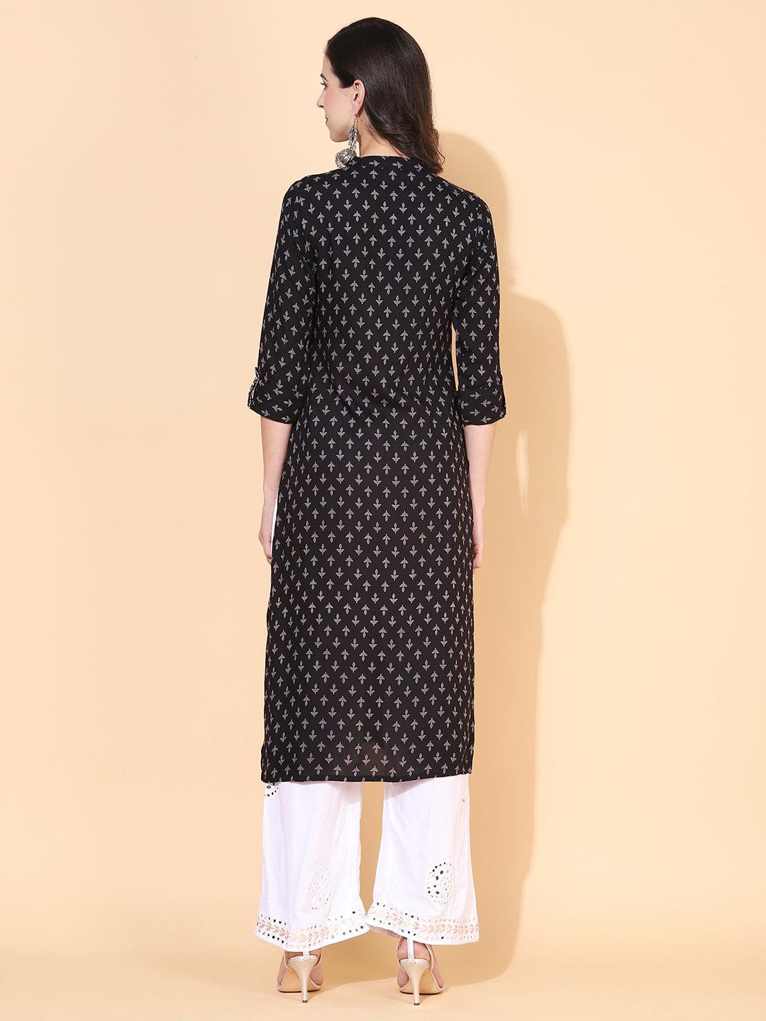 Ethnic Printed & Embroidered Straight Fit Kurta - Black - Indiakreations