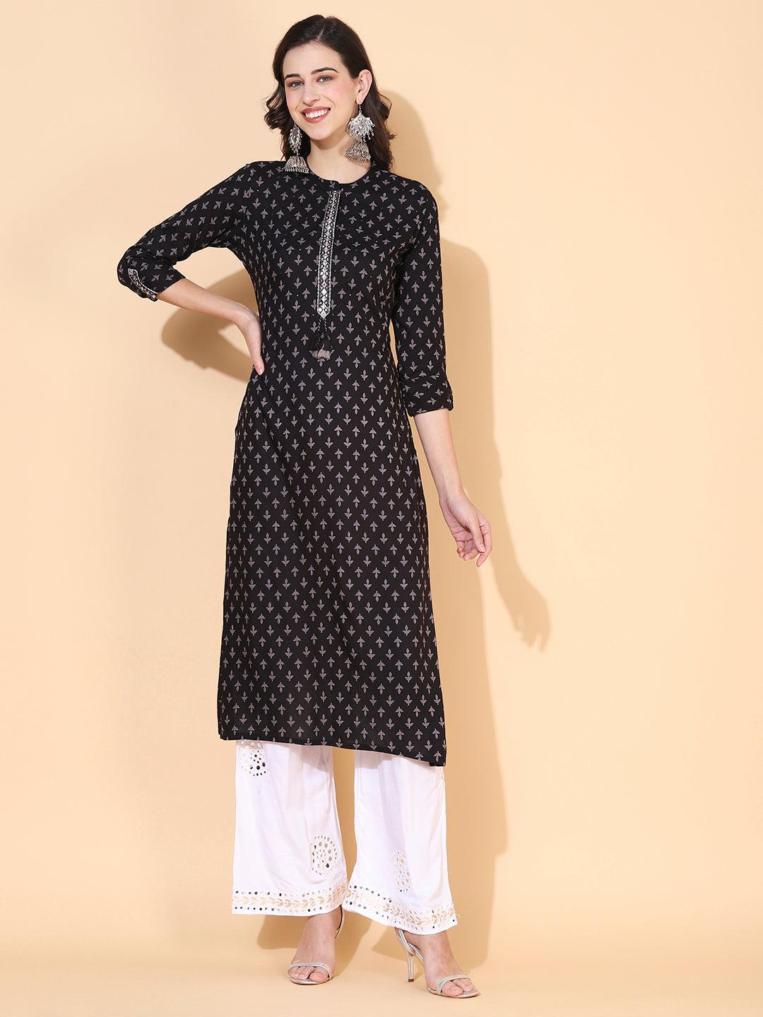 Ethnic Printed & Embroidered Straight Fit Kurta - Black - Indiakreations