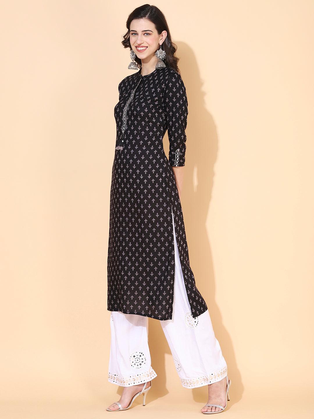 Ethnic Printed & Embroidered Straight Fit Kurta - Black - Indiakreations