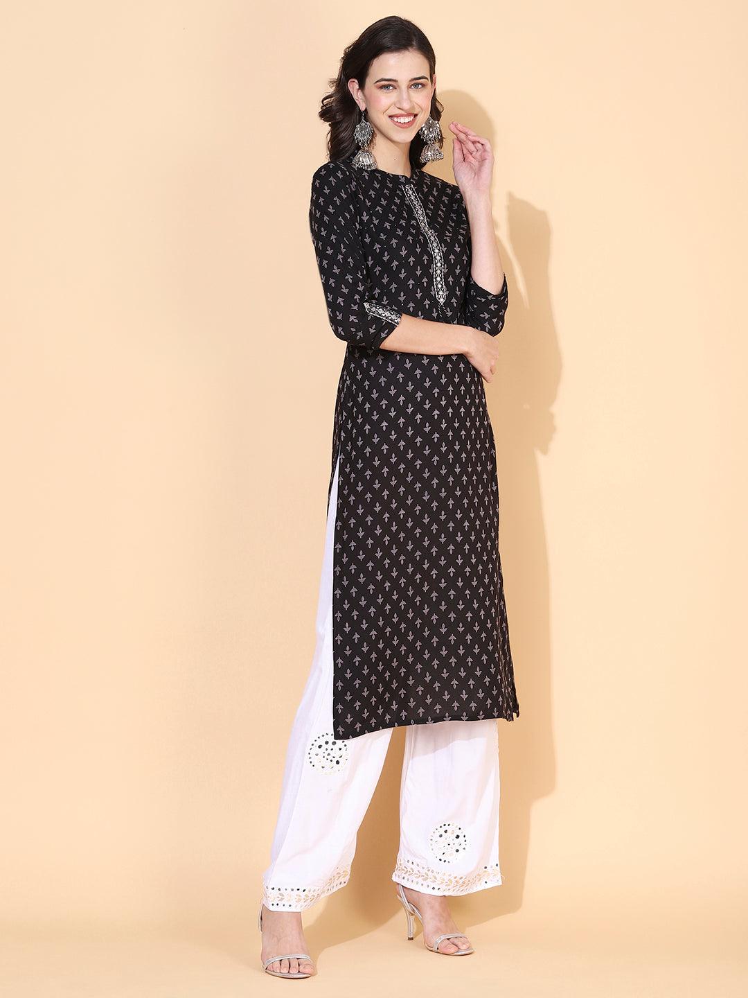 Ethnic Printed & Embroidered Straight Fit Kurta - Black - Indiakreations