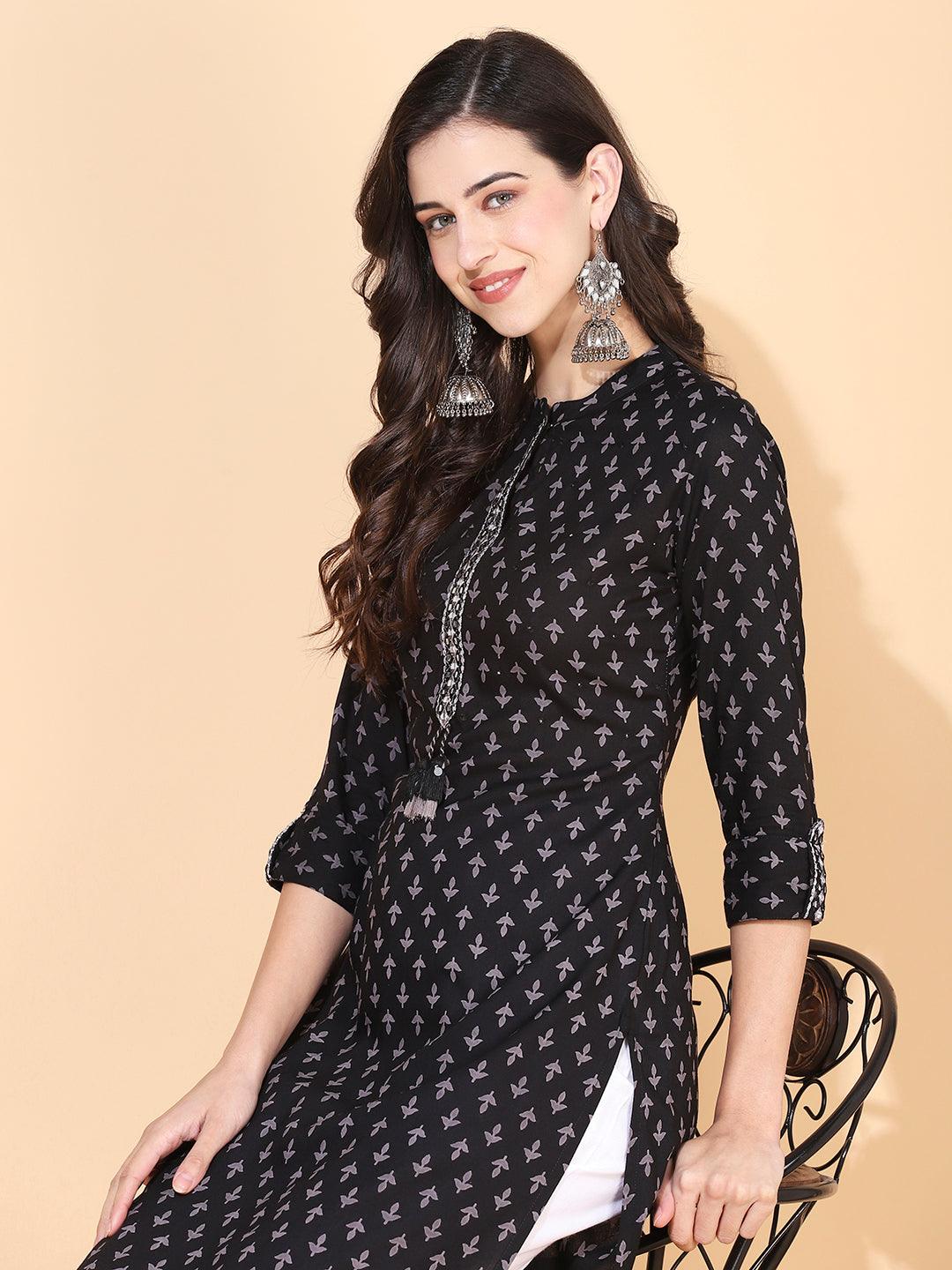 Ethnic Printed & Embroidered Straight Fit Kurta - Black - Indiakreations