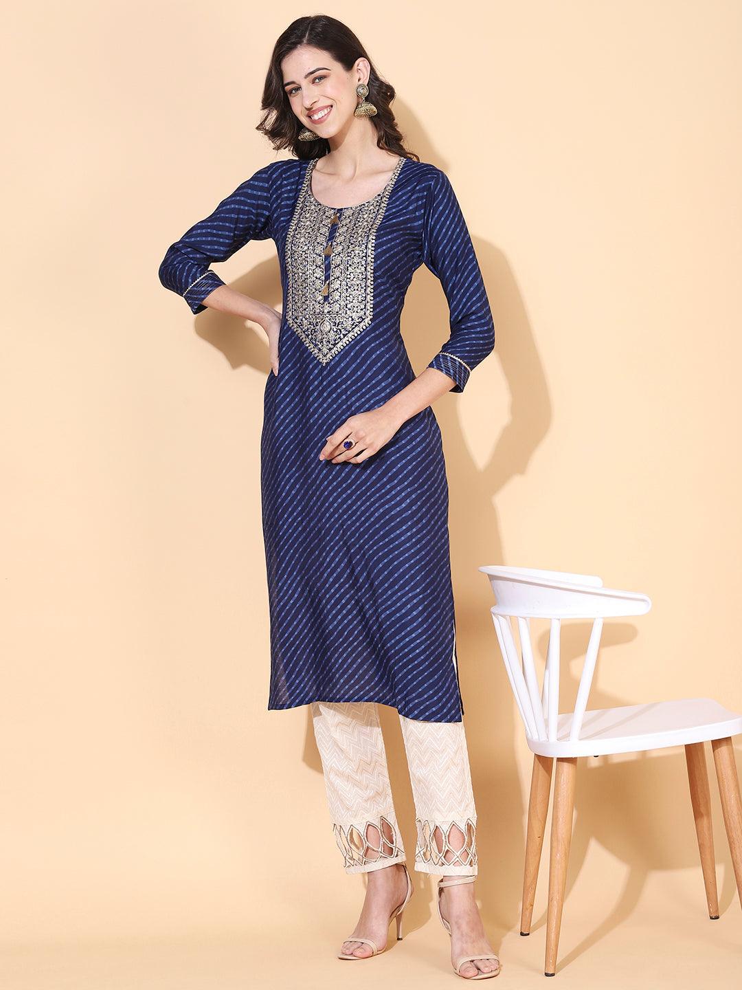 Leheriya Printed & Embroidered Straight Fit Kurta – Navy Blue - Indiakreations