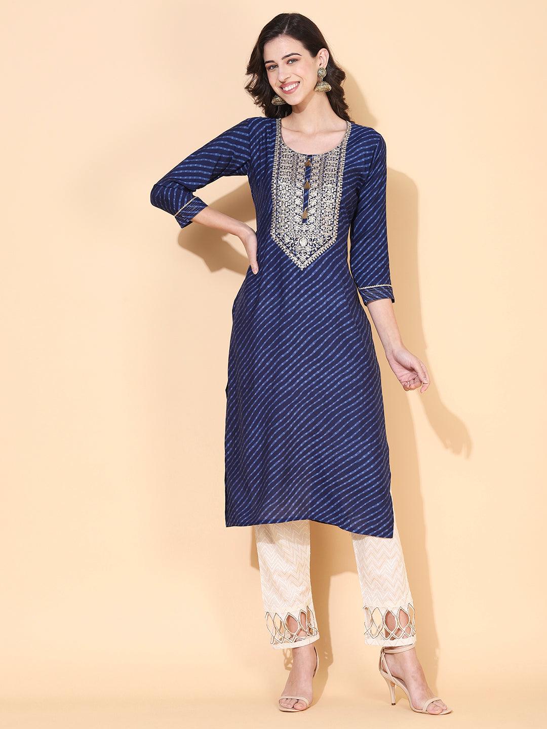 Leheriya Printed & Embroidered Straight Fit Kurta – Navy Blue - Indiakreations