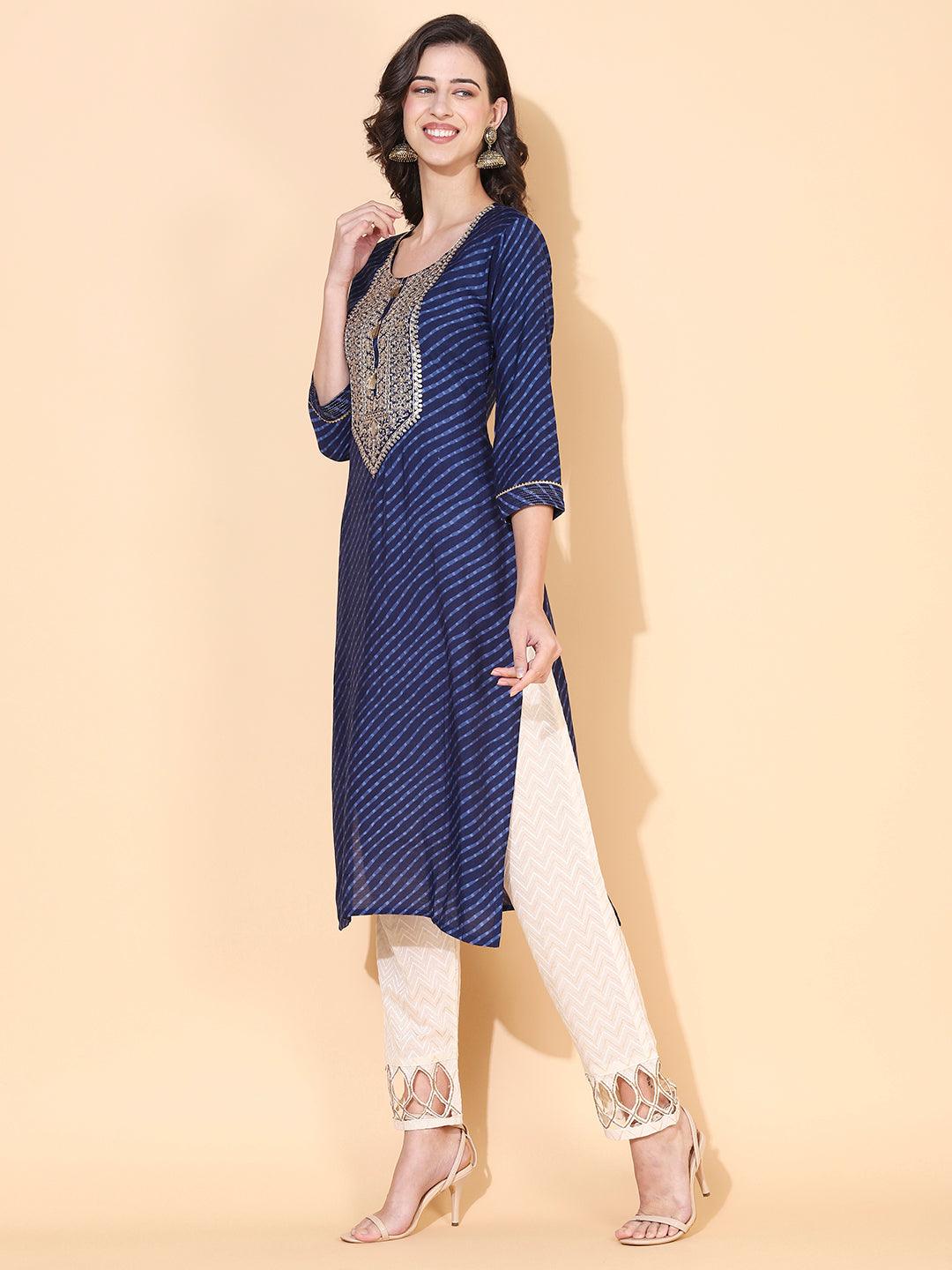 Leheriya Printed & Embroidered Straight Fit Kurta – Navy Blue - Indiakreations