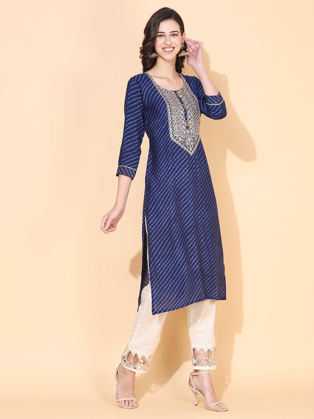 Leheriya Printed & Embroidered Straight Fit Kurta – Navy Blue - Indiakreations