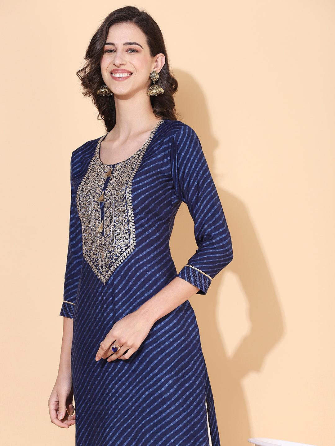 Leheriya Printed & Embroidered Straight Fit Kurta – Navy Blue - Indiakreations