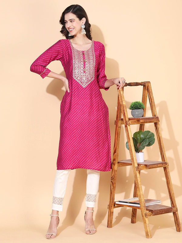 Lehriya Printed & Hand Embroidered Kurta - Magenta - Indiakreations