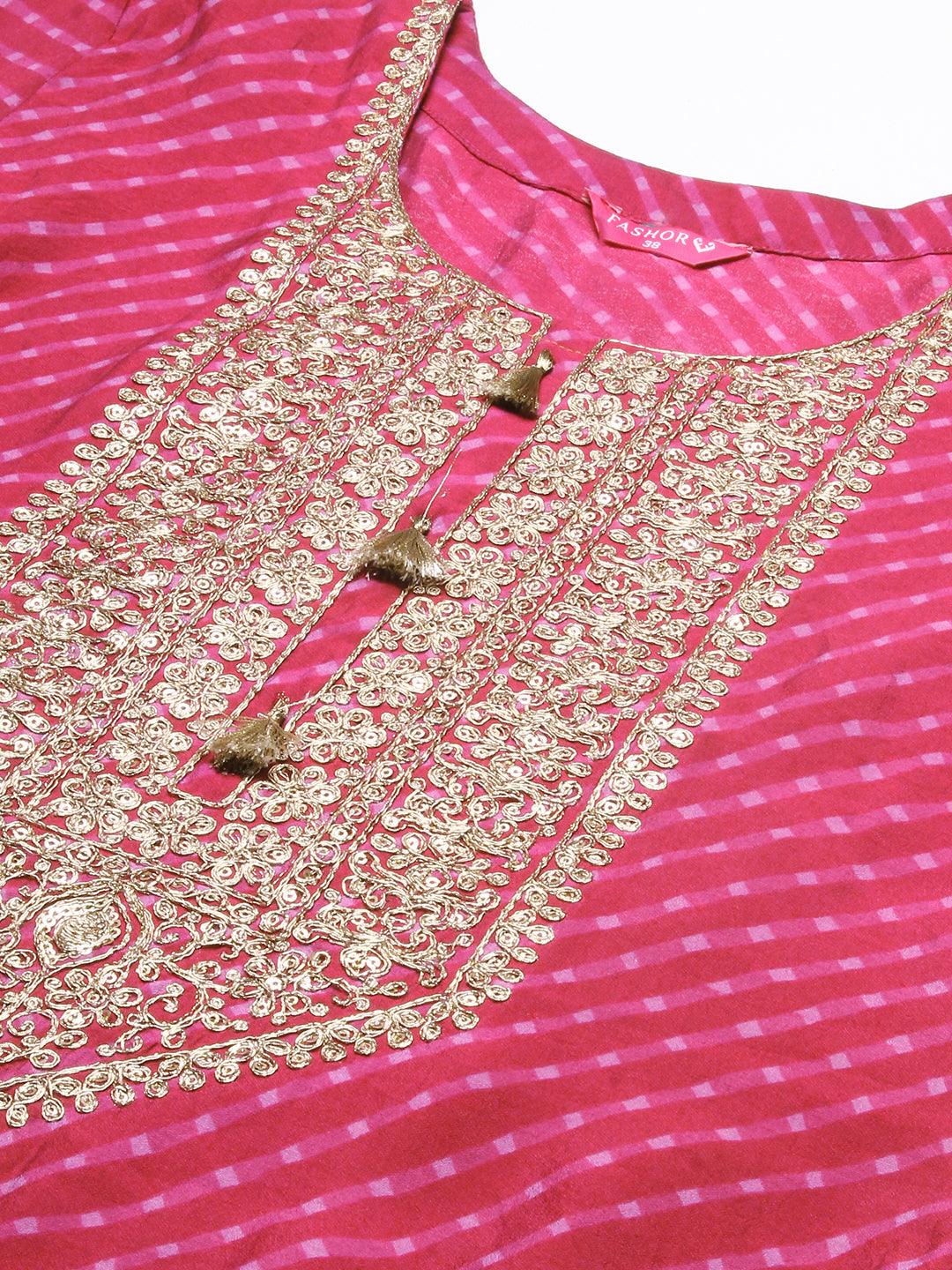 Lehriya Printed & Hand Embroidered Kurta - Magenta - Indiakreations