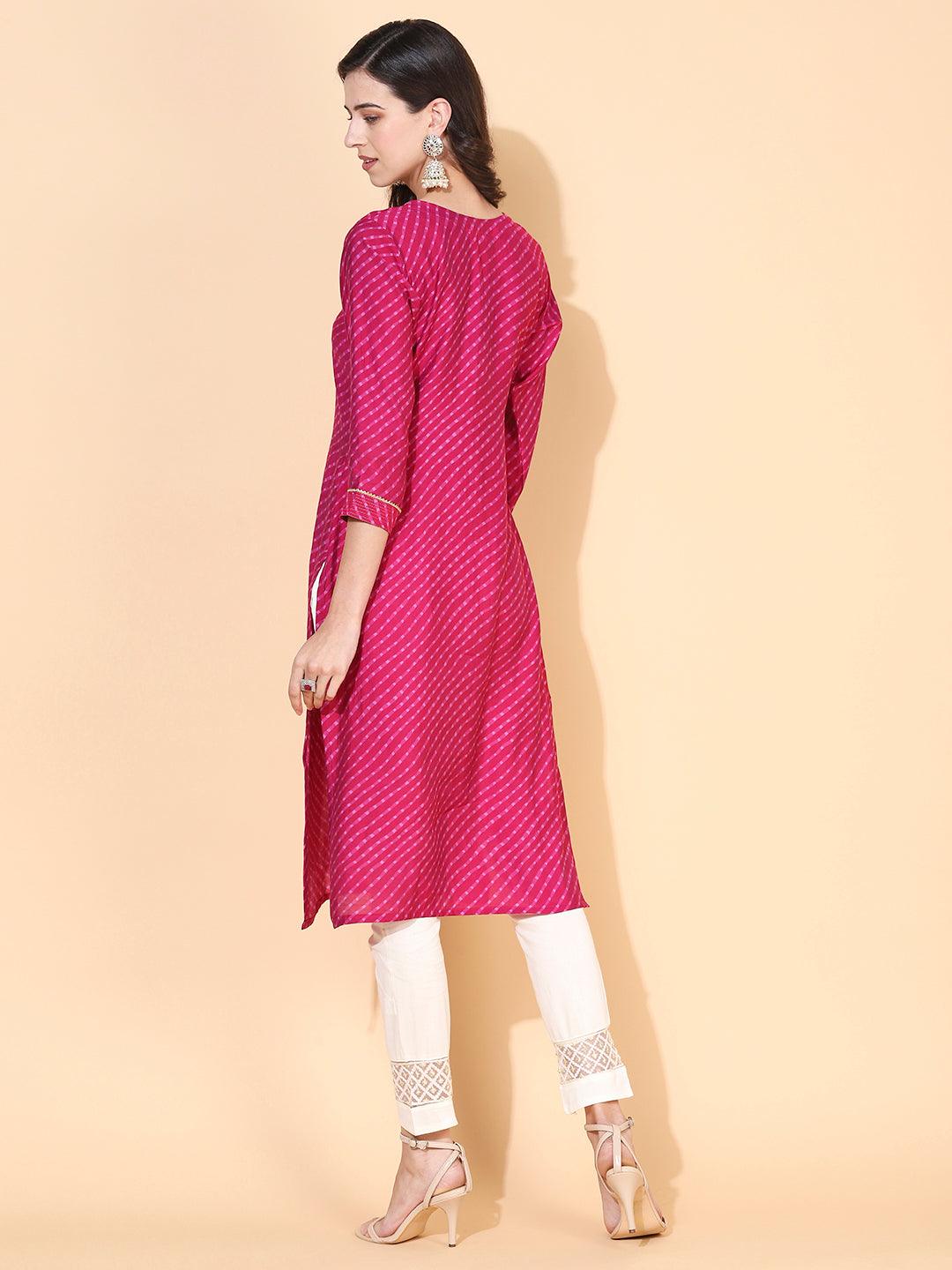 Lehriya Printed & Hand Embroidered Kurta - Magenta - Indiakreations